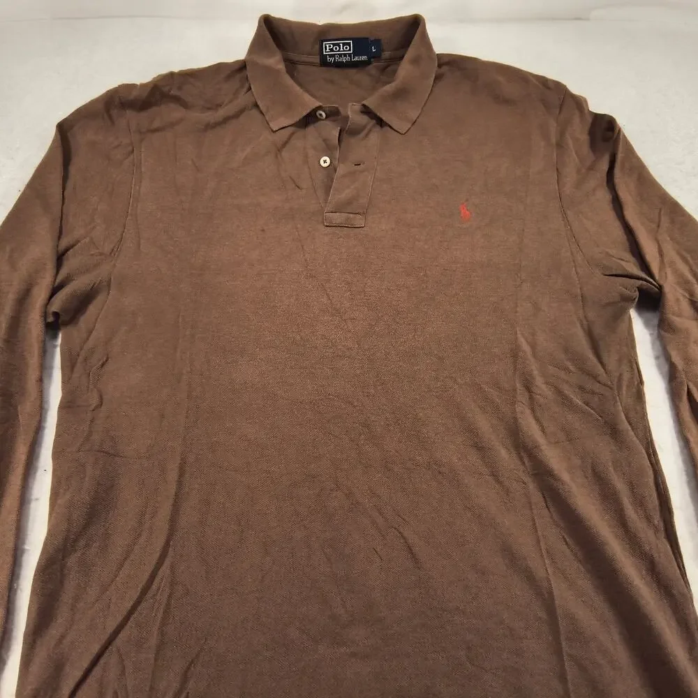 Polo by Ralph Lauren Collared Casual Long Sleeve Polo Shirt Mens Size L Brown